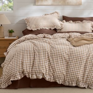 Ruffled Cotton-Like Gingham Duvet Cover Set
